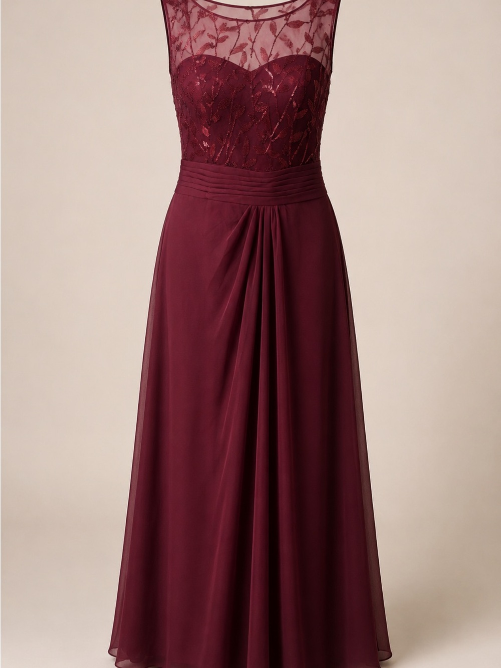 Illusion Lace Bodice Burgundy Maxi Dress